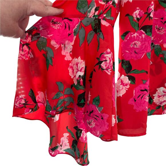 BELLE SKY Red Floral Cold Shoulder Long Bell Sleeve Loose Boho Blouse Top XXL - Picture 4 of 11